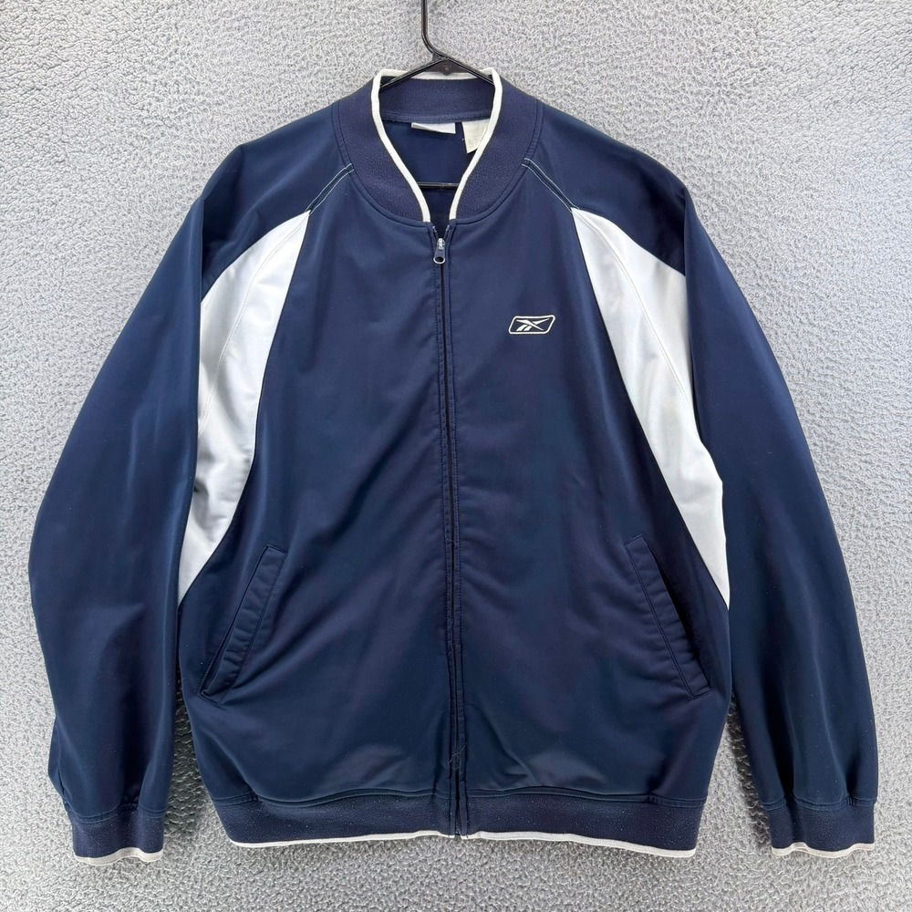 Vintage Reebok Track Jacket Men 3XL Navy Blue White Full Zip Bomber Vector Logo
